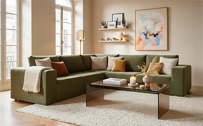 Couchtisch und Sofa in gemütlichem Wohnzimmer